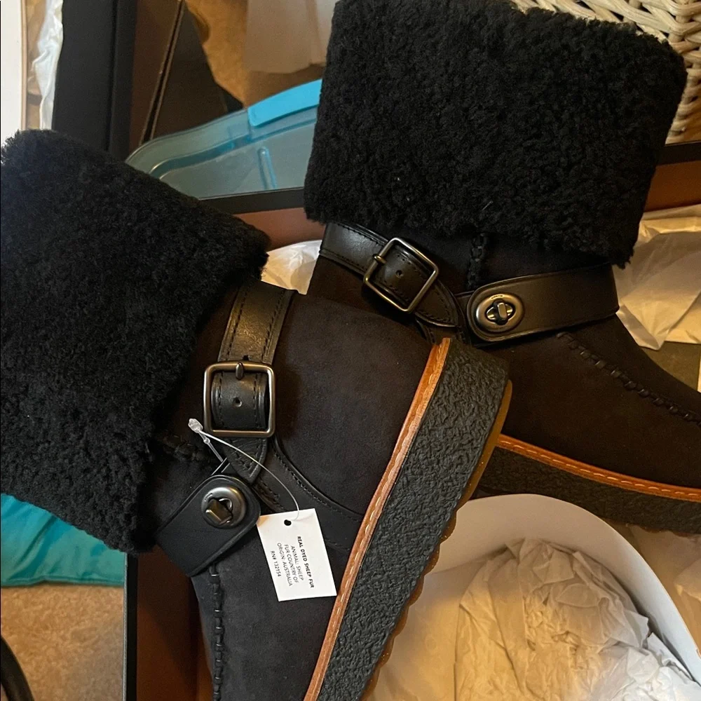 Coach Black Shearling Cuff Ankle Boot - Picture 5 of 10